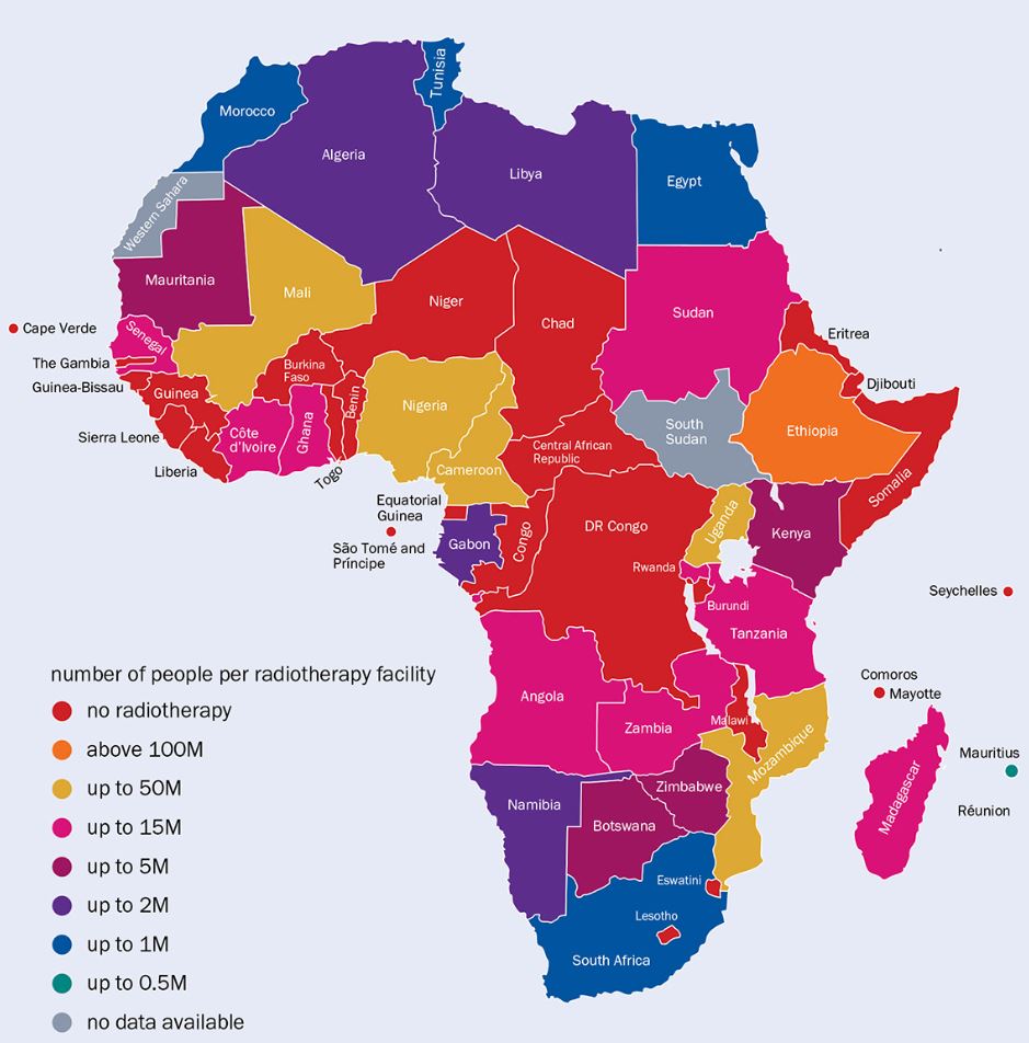 A map showing the number of radiotherapy machines per head of population in Africa